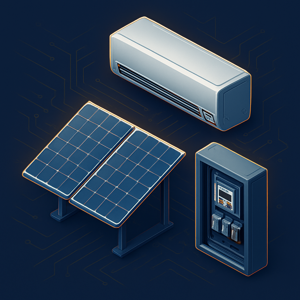 Isometric montage of solar panels, an air conditioning unit, and an electrical distribution panel